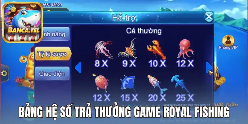 Bảng hệ số trả thưởng game Royal fishing